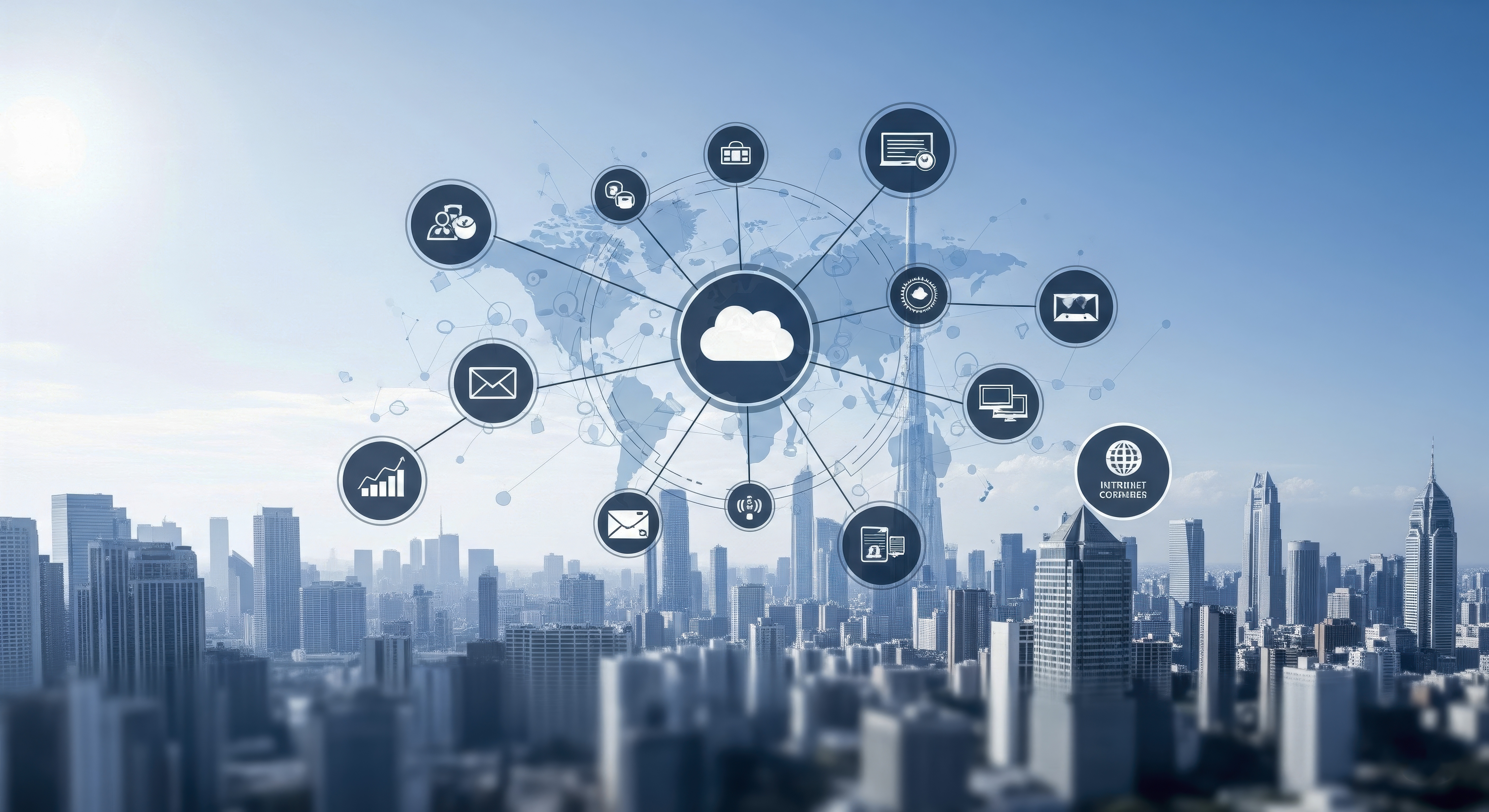 Cloud computing services network over a modern city skyline